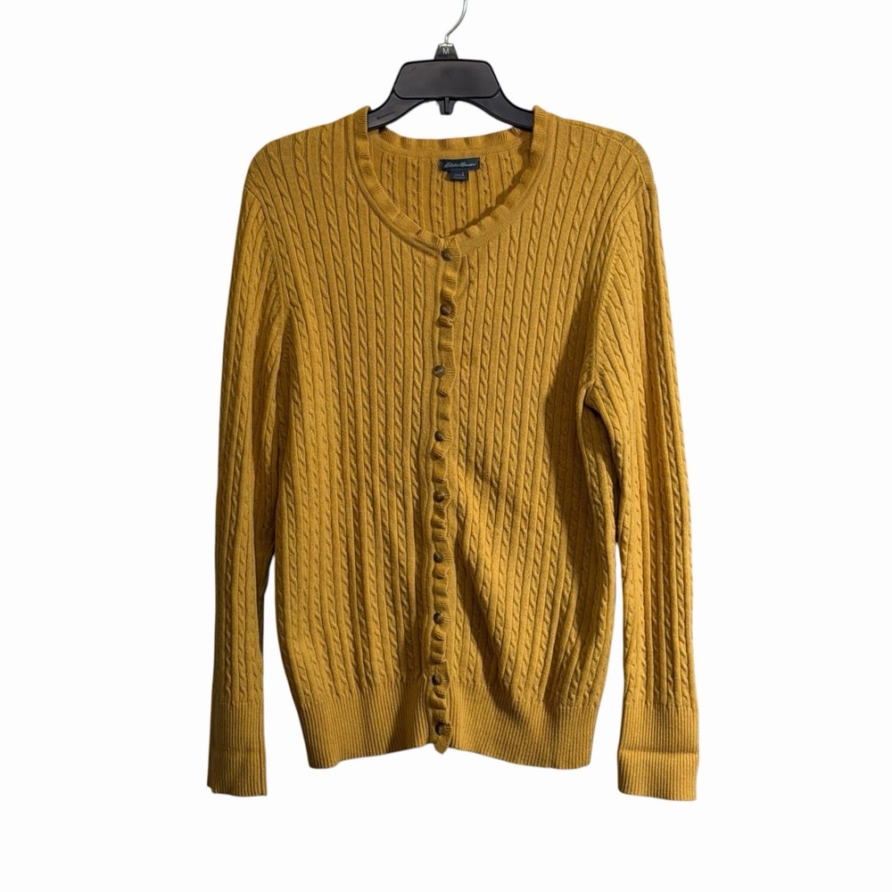 Eddie Bauer Sz Large Cardigan Sweater Cable Knit Mustard Yellow Button Fall